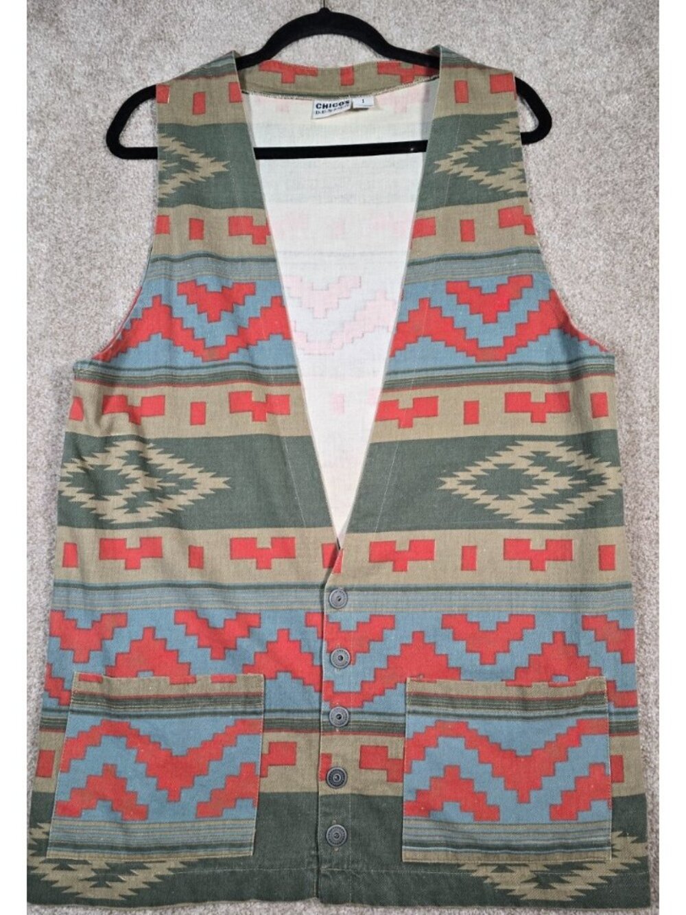 Chico's Design Sz 1 Vtg Vest Aztec Southwestern Long Cotton Button Up Women's M